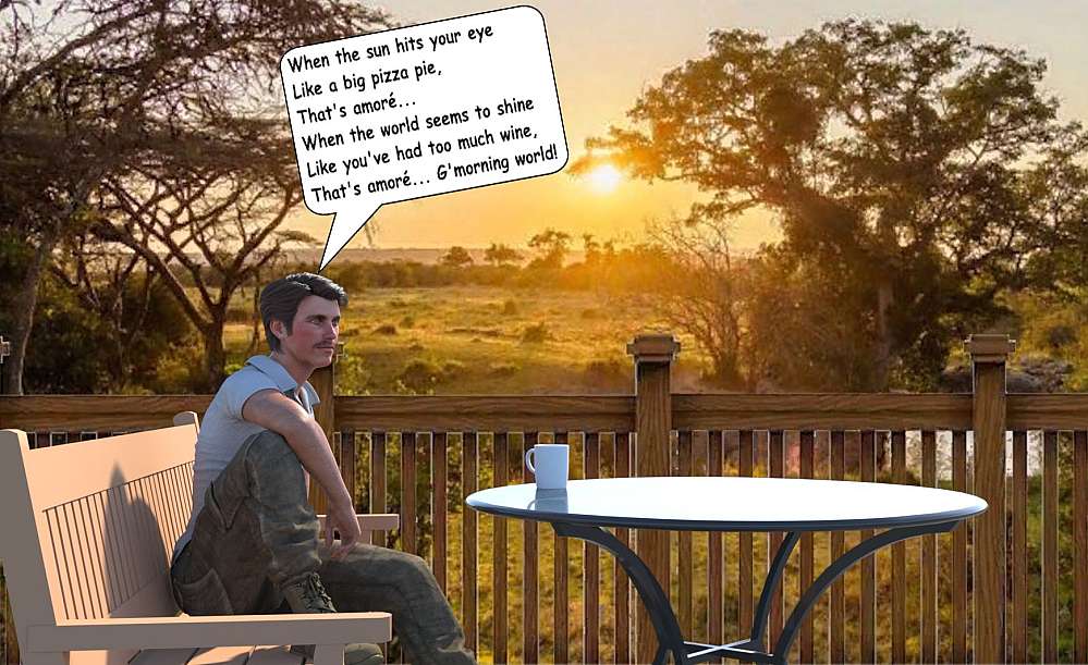 The day dawns over the farm Little Eden on the Springbokvlakte. The typical bushveld trees and savannah stretches to the still wrapped in shadow mountains on the horizon. Dolf is enjoying a morning mug of coffee on the patio and watches the wild life going about their morning attics.