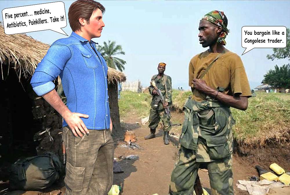 Dolf is seen where he stands next to a hut, bargaining with a M23 rebel soldier. The scene is relaxed but tense. In the background another M23 rebel soldier is seen with a AK-47 in his hands.