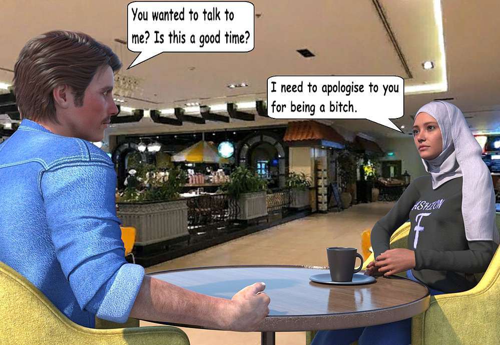 Nisreen and Dolf is seen sitting at a restaurant table inside the airport having coffee and discussing her ‘We have to talk’ request. The airport café interior is quiet as it is late at night.