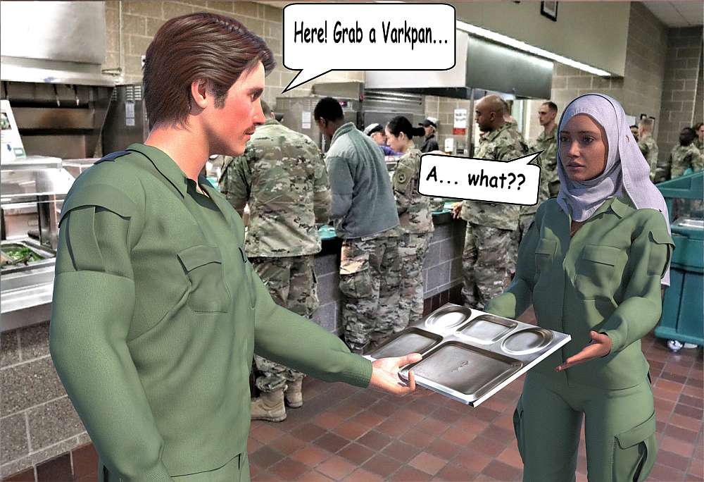 Dolf is seen handing Nisreen a mess tray and call it a Varkpan. He completely forgot she is Muslim and anything to do with pigs is not okay for her. She is completely surprised and ask him what a ‘Varkpan’ means. Dolf is embarrassed. In the background other members of the military peacekeepers are seen getting served their meals.
