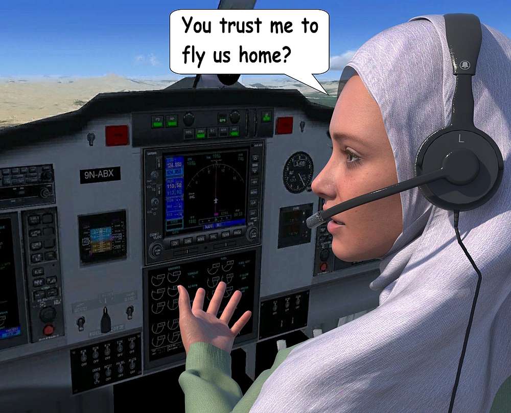 In the cockpit of the HDC-6 Twin Otter, a stunned Nisreen is seen the moment after Dolf gave her the controls to fly them home to Goma. The full glass panel in front of Nisreen display the flight data for her to fly to Goma. At the top of the panel the green lights show the systems of the autopilot that is activated.