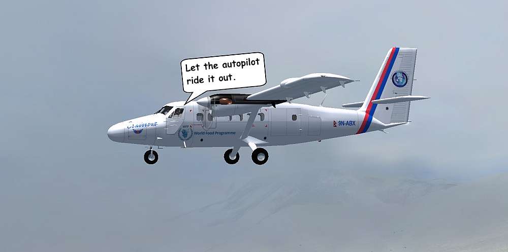 A side view of the DHC-6 Twin Otter, surrounded by thick dark clouds, as Dolf and Nisreen fly into the approaching storm.