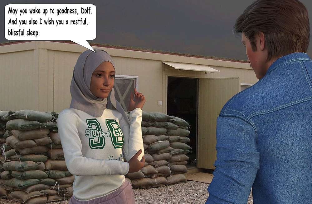 The image depicts a serene, intimate moment between Dolf and Nisreen outside a military-style building. The building is a prefabricated structure, a temporary housing unit, with sandbags stacked against its lower exterior walls for fortification. A wide doorway is visible, slightly ajar. Nisreen is wearing a light grey Shayla and a white long-sleeved sweater with green lettering that says ‘SPORT GRL’ and the number ‘08’. She is also wearing light purple sweatpants and dark sneakers with purple accents. She is looking at Dolf with a gentle, warm smile, her head tilted slightly, and she is subtly gesturing with her right hand, as if in mid-sentence.