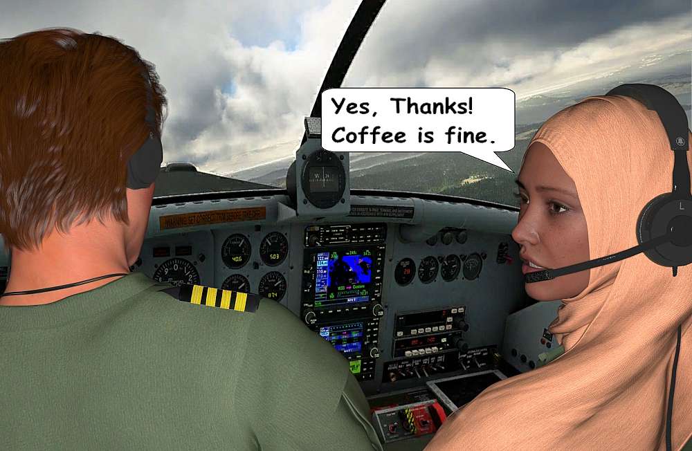 Seen against the backdrop of the Pilatus PC-6 Turbo Porter’s instrument panel, Nisreen turns to Dolf and tell him that the offered coffee will be fine. Outside the windscreen in front of Nisreen the horizon is thick with grey clouds above a green jungle landscape.
