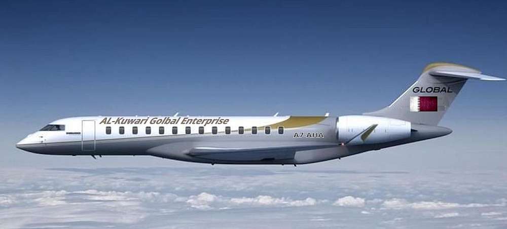 A lone Bombardier Global Express 7000 belonging to Al-Kuwari Global Enterprise wings its way high above the white and grey clouds on its way to Goma. The aircarft is painted overall whit and grey with a gold accent flash seperating the top white and bottom grey colour scheme.