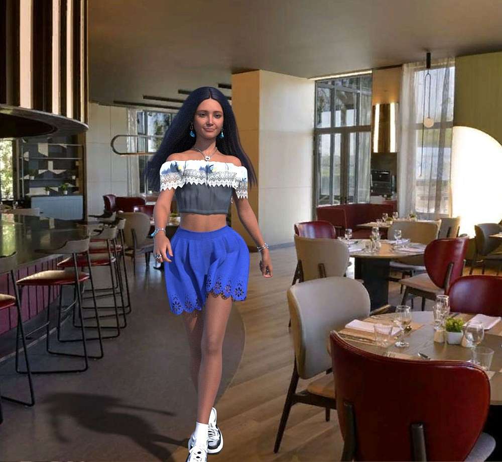 The afternoon light spilled through the terrace doors and framed Rose like an artist’s afterthought: shoulders bare beneath a lace half-top, a blue casual short mini-dress rising a little to far above her knees and showing off a pair of gorgeous legs. Fashionable sneakers light on her feet. Her jet-black hair fell like silk to her waist, catching every glint of shine the sun threw across the room. The background show the interior of the cocktail bar at the hotel with tables and chairs neatly arrange around the room.