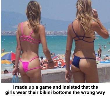 Two girls on beach with funny looking bikini bottoms