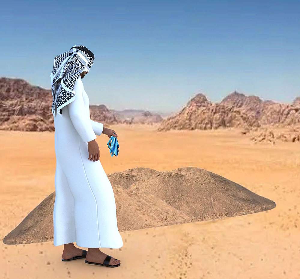 The picture show a lonely grave in the desert. The freshly heap of sand hides forever a secret under the scorching sun, while the wind whispers and forever blow the sand in ripples across the silence of the sands. Jassim Al-Kuwari stands alone next to the grave. In his left hand he holds the burned and scorched piece of fabric, the remaining piece of the clothes his daughter wore the day she died.