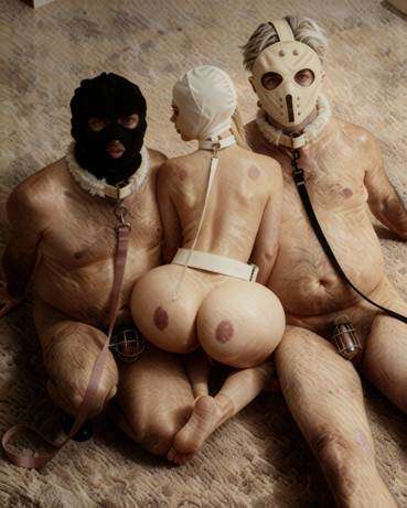 A group of naked people wearing masks