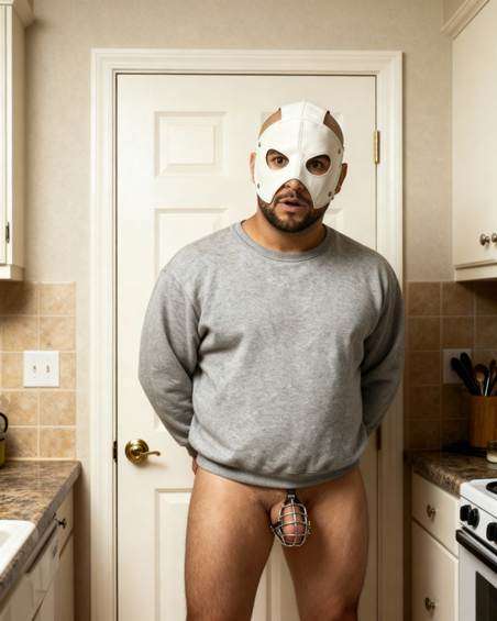 A person wearing a mask and a cage around his neck