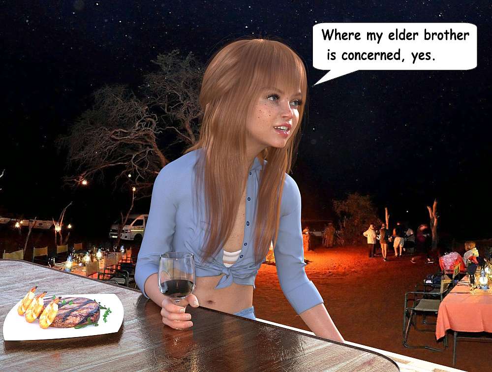 Against the backdrop of the spitbraai and a huge boma fire, Kensi is telling Dolf that she is just looking out foir her big brother.