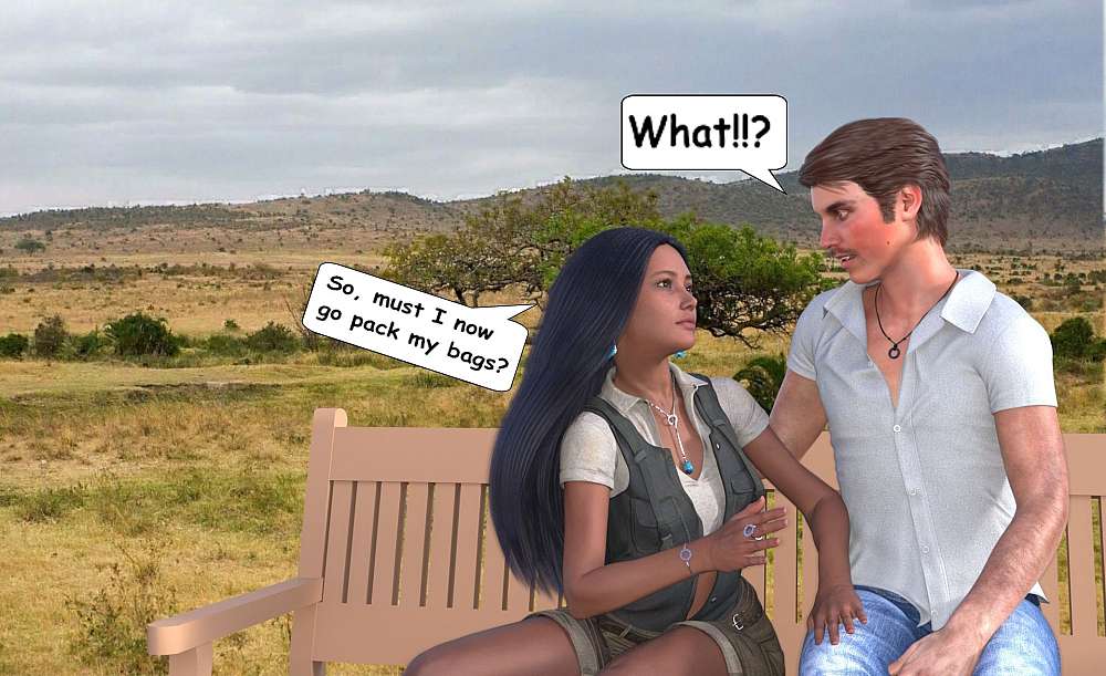Rose and Dolf sits on a wooden bench while Rose tells him about her funds in a Swiss Bank. Dolf is startled but still much in love with Rose. In the background the bushveld of Little Eden is seen.