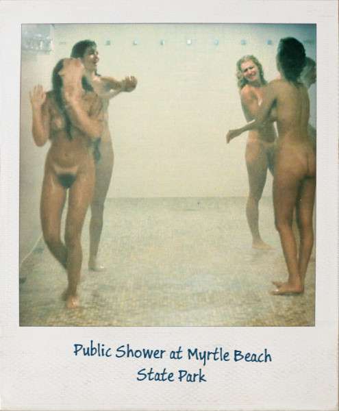 Four naked women in a public shower