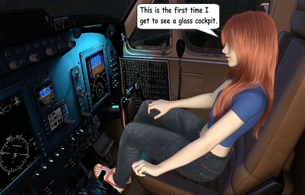 Lena in the cockpit of the King Air looking at the glass panel and the rest of the instrument panel. To her this was a step up from the twin Beech Baron she was used to flying.