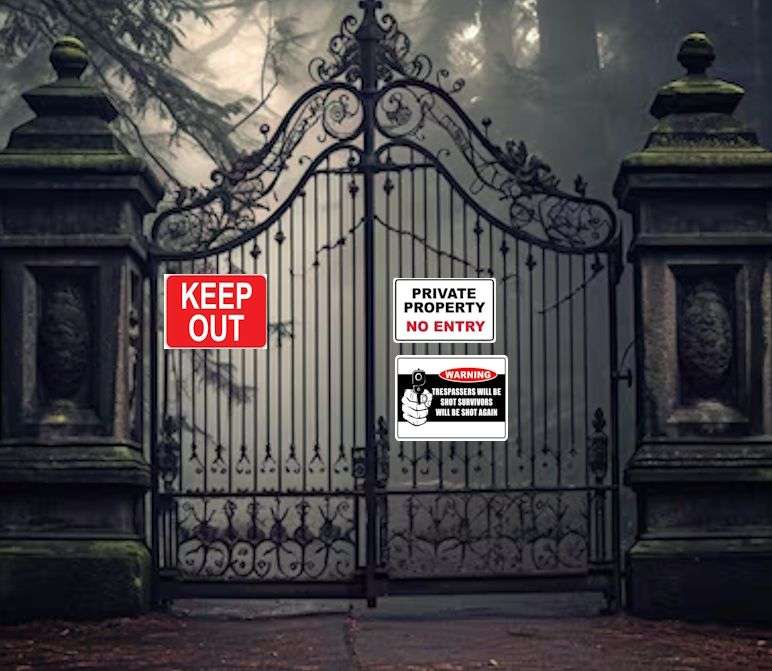 In the picture two stone pillars guard the entrance to the château. Big decorative iron gates hung between the pillars. Signs warning people that this is private property and no entry is allowed without prior authorisation. In the background mist and fog half obscure the pine trees that line the access road to the château.