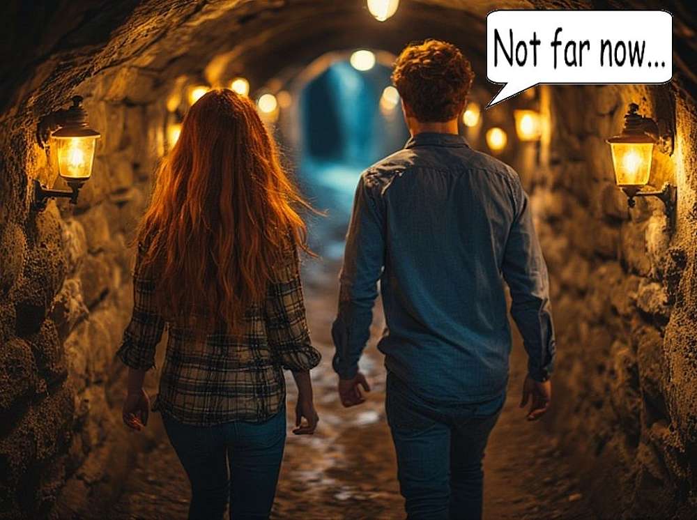 Lena and Ruan inside the tunnel to the helicopter. The tunnel is dimly lit and we see the two from behind as they rush to the waiting helicopter.