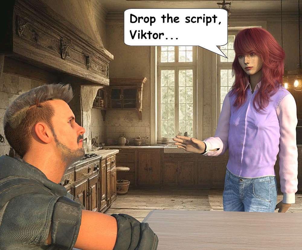 In the kitchen of the château, the captured Colonel Volkov sits at the kitchen table as Lena walks in and quiet him down in his rage. Lena is seen stopping Volkov with her right hand held up and a soft voice telling him to stop.