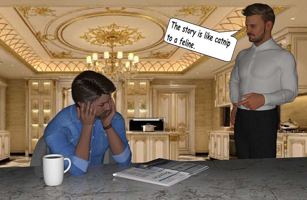 Man sitting at a table with a paper and coffee mug, wearing jeans shirt. Another man standing next to him in a white shirt with the text bubble saying ‘The story is like catnip to a feline’.