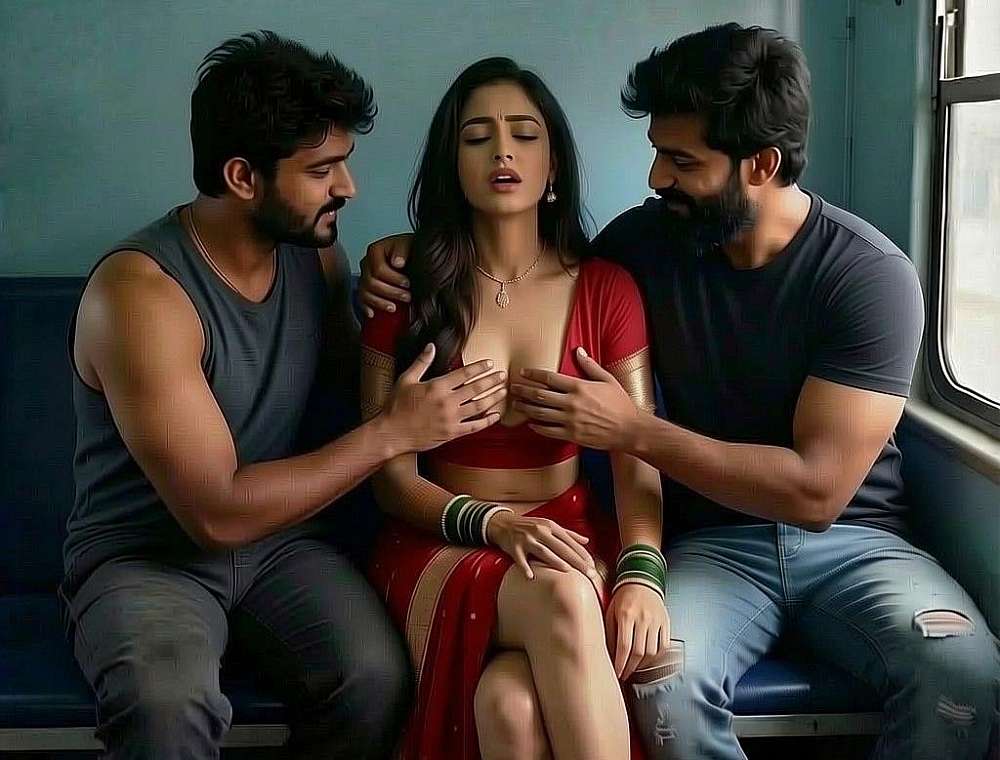 Meenal’s full, round breasts are exposed to the men. The men have fun touching them.