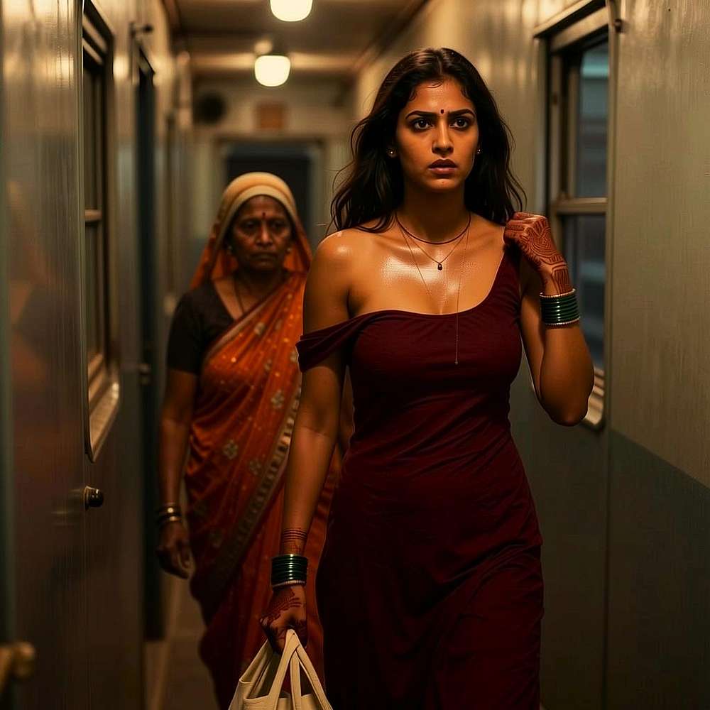 Meenal, flushed and disheveled, walks out of the washroom. An old woman stares at her with disgust, muttering ‘Whore!’ as Meenal passes.