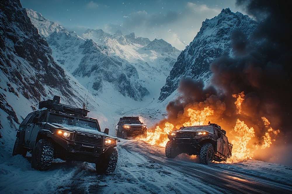 The picture show a snow and ice covered pass with a convoy of armoured personnel carriers being attacked. One vehicle is slewed across the side of the mountain pass road and burning. In the background the high snow covered mountains is seen.
