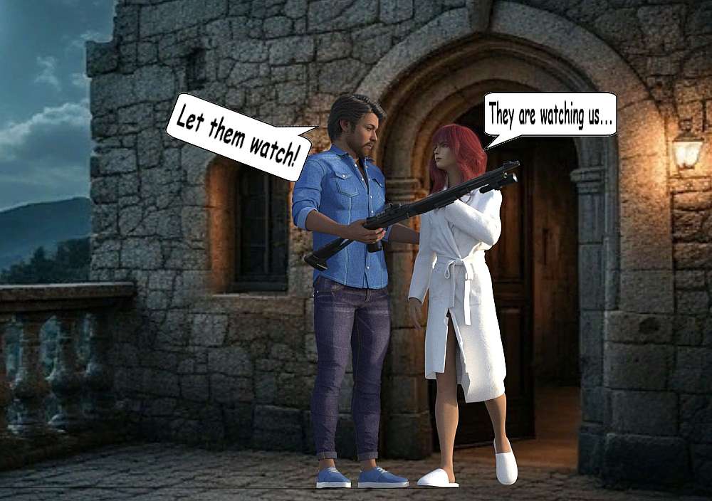 Ruan and Lean is seen of the moon lit balcony of the château. Ruan cradles a shotgun in his right arm while he places a comforting hand on Lena’s back. The light streams out of the open door behind them. Lena is dressed in a white fluffy robe that show a little nice leg.