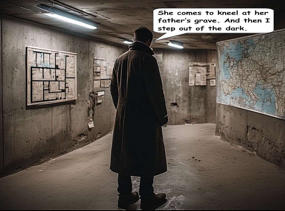 Inside a concrete underground bunker, Zoryanovich plans the moment of his revenge. There is maps on the concrete walls and also a floor-plan of the mausoleum.