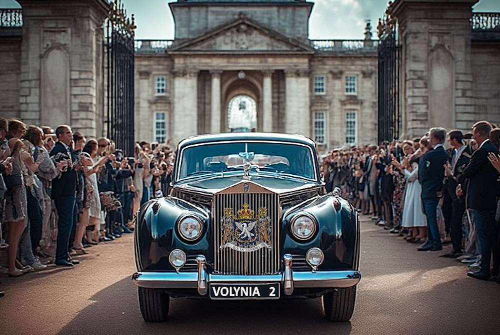 The black Rolls Royce Silver Cloud floats out the gates of the palace on its way to the cathedral for the wedding ceremony. The numberplate just read: ‘VOLYNIA 2’, an indication that this is the official car of the Prince Consort. Around the motorcade the streets are lined with cheering crowds.