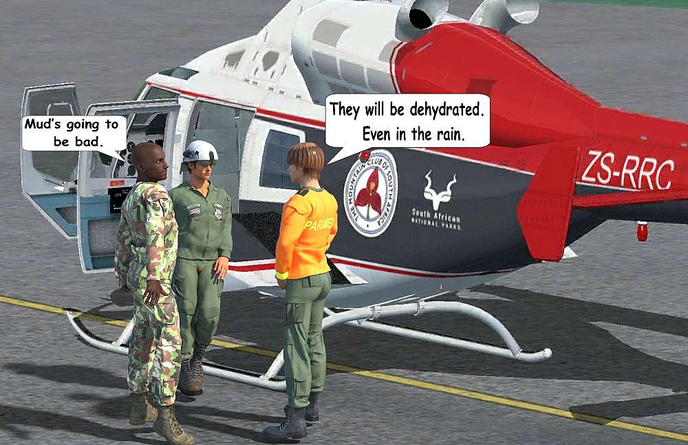 A slightly elevated picture show Adrian, Wolfie and Van Wyk, the paramedic, next to the Bell 222 helicopter. Van Wyk is telling them what to expect on the ground once the victims has been found.