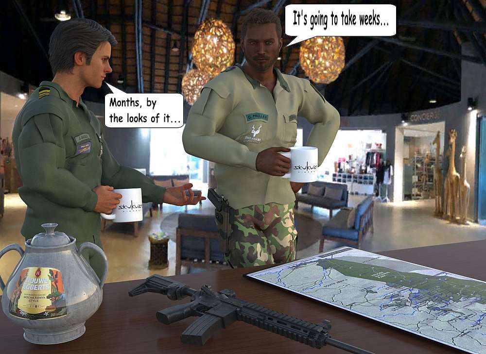 In the Arrivals and Departures lounge of Skukuza Airport, Adrian and Gustav look at the map of Kruger National Park and discuss the time the park might be fully operational again. Both of them has a mug of coffee provided by the Airport Coffee shop and the mugs are branded with the Skukuza Airport logo.