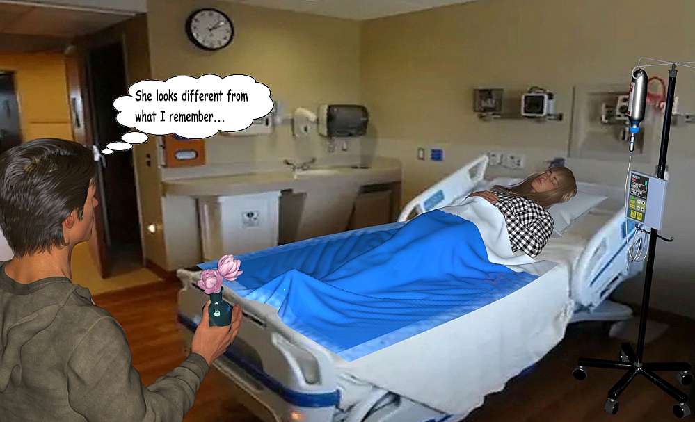 Adrian enters ward 302 in the hospital with the protea flowers in his hand. Kait is covered in a blue hospital blanket and lying on her back, covered by the blanket and sheet. Her eyes are closed and she looks weak and pale. Her blond hair flowers over the pillows under her head.