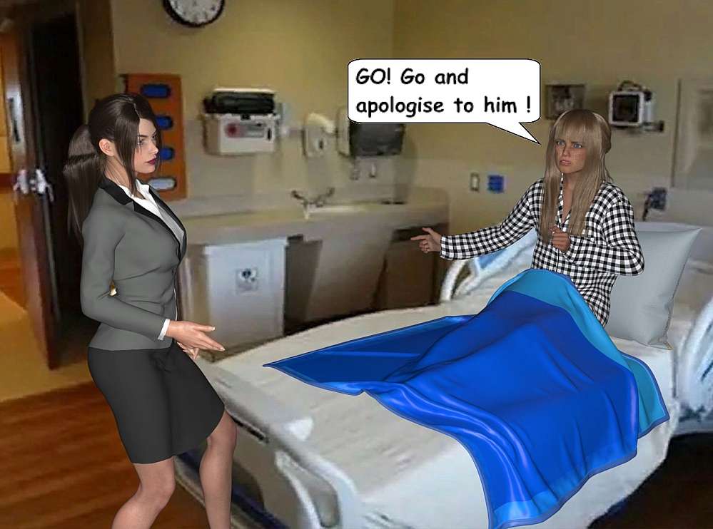 Kait sits up in the hospital bed. She is angry at Louise and tell her to go and apologise to Adrian for her remarks. Louise is seen with her grey corporate jacket and a black skirt that is about four fingers above the knee. Here brown hair is in ponytail. Kait has an angry expression on her face.