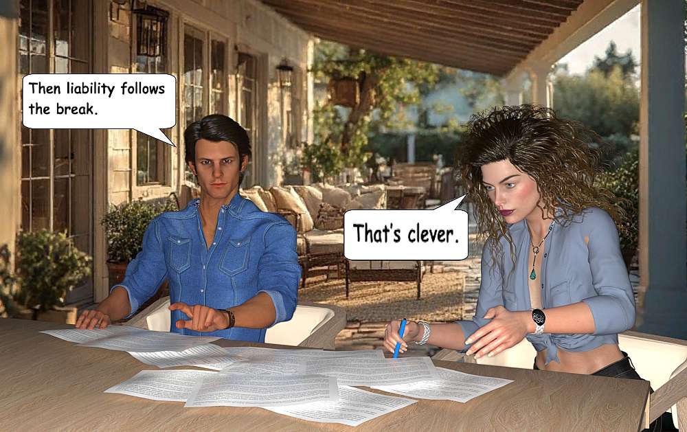 Adrian and Louise at the patio table, discussing the details of the contract. Between them various pages of the contract are spread across the table.