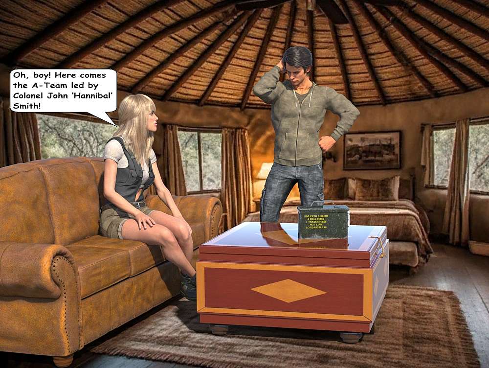 In the picture Kait sits on the sofa and Adrian stands next to the coffee table. Adrian looks at a loss as he has no idea how to proceed. Kait chuckles and reply something going along the lines of a need for the A-team.