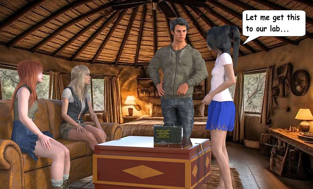 A detailed 3D render inside a traditional African-style rondavel with a high, thatched-conical ceiling and warm, ambient lighting. Adrian, wearing an olive-drab hoodie, stands behind a dark wooden coffee table. On the table sits a heavy, olive-drab metal ammunition box marked with yellow technical stencilling for 5.56mm cartridges. Mai-Loan (Amirah) stands to his right, her dark hair in a ponytail, wearing her white Led Zeppelin t-shirt and a bright blue skirt. A speech bubble from her reads: ‘Let me get this to our lab... ‘ In the foreground, Nadia and Kait sit on a distressed leather sofa, watching the exchange with focused intensity. The room feels cozy but charged with the mystery of the box’s contents.