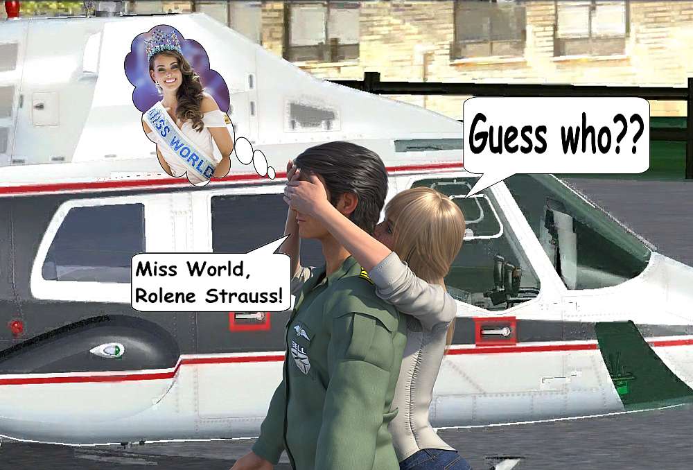 Next to the Bell 222 in the background, Kait places her hands over Adrian’s eyes from the back and ask him to guess who it is.