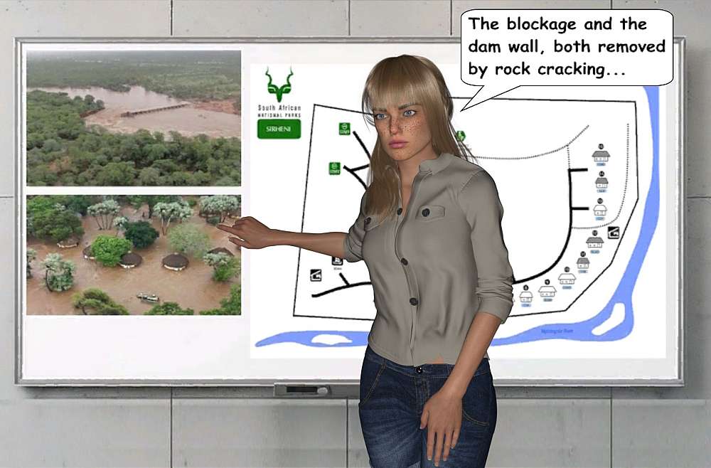 In the conference room at Skukuza Ranger Station, Kait is seen in front of a white board mounted on a wall. She is giving her assessment of the Kruger floods and the way forward. On the white board a layout of the Sirheni camp is seen with pictures of the flooded camp.