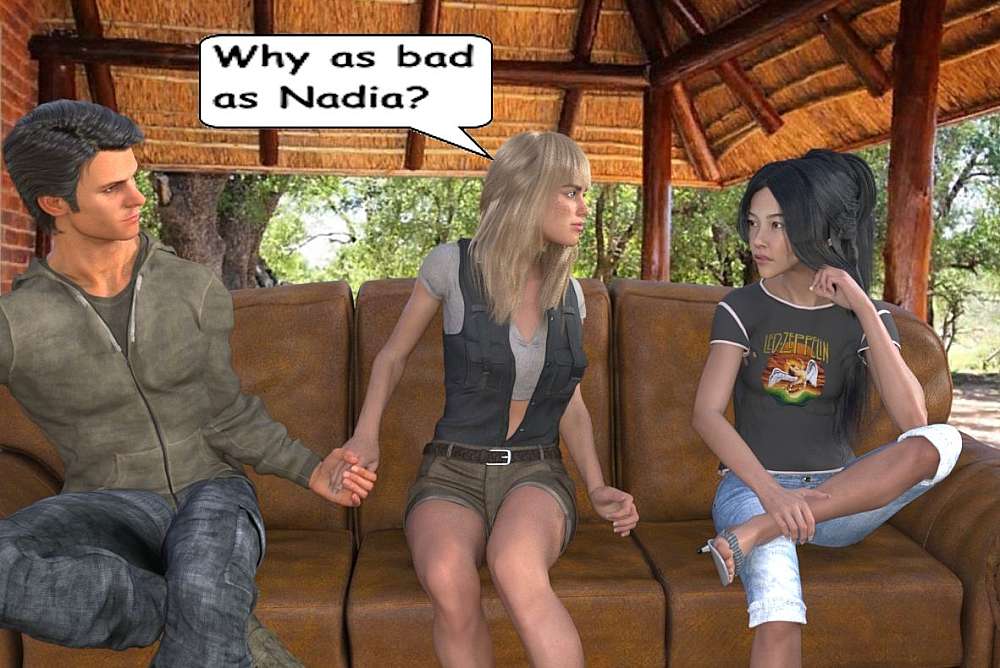 On the patio of Adrian’s bungalow, Adrian, Kait and Mai-Loan are seen sitting on a sofa. Kait is asking Mai-Loan why she say Adrian is just as bad as Nadia. The cool thatched roof is seen overhead with the bushveld in the background,