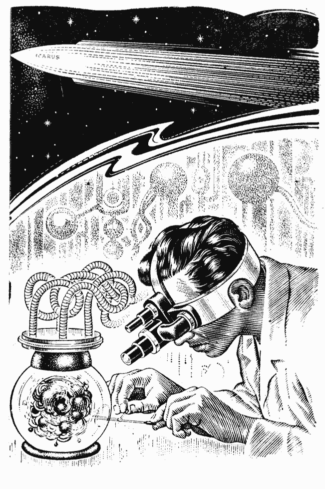 Title montage: a scientist looking at a jar; a rocketship named ‘Icarus’ flying in space.