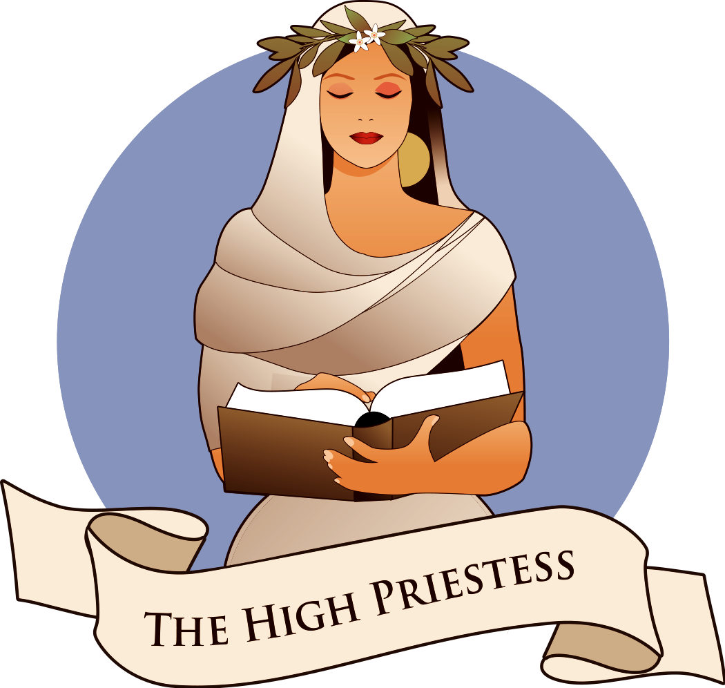 The High Priestess - Illustration of a woman with a wreath on her head, reading a book