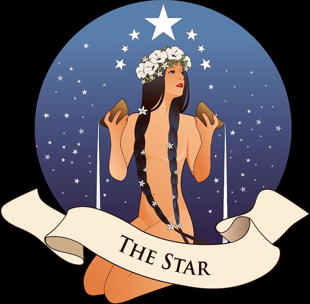 A tarot Star card illustration featuring a naked woman with her dark hair in braids and covered in flowers pouring water from cups onto the earth among the stars at night.