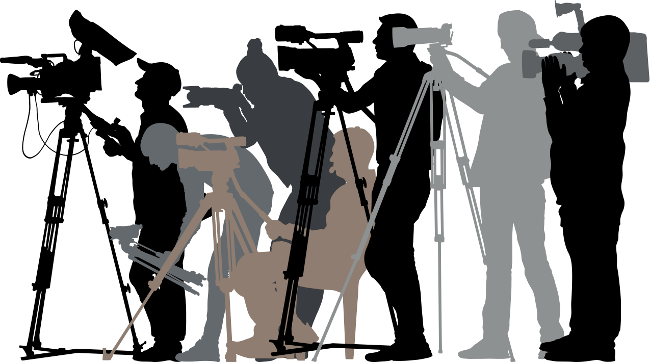 A color image of various cameramen and technicians, recording a public event, rendered in various shades ranging from gray to brown to black.