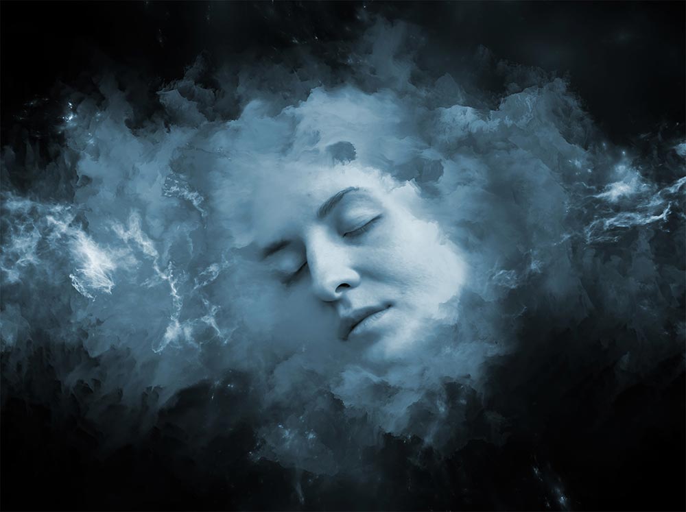 A painted image of a sleeping woman’s face over a graceful floating cloud.