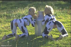 Picture of two women in a field, they're painted in black and white in cow patterns
