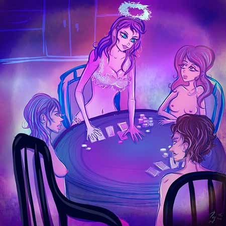 Four naked women gambling