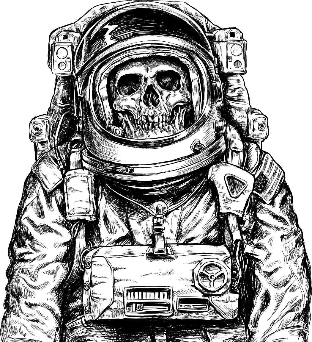 Black and white illustration of a dead astronaut, now only dry bones inside his suit and helmet.