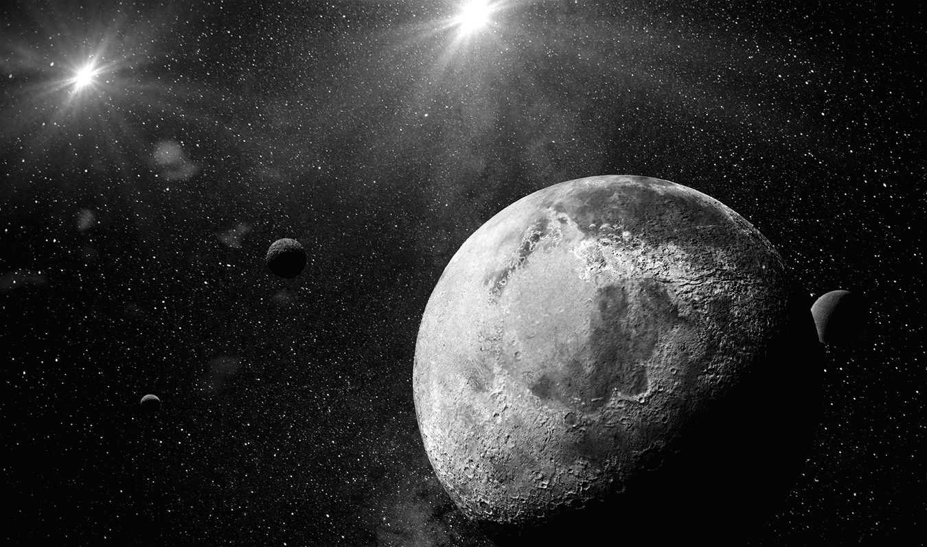 Black and white image of a small exo-planet in a binary solar system.