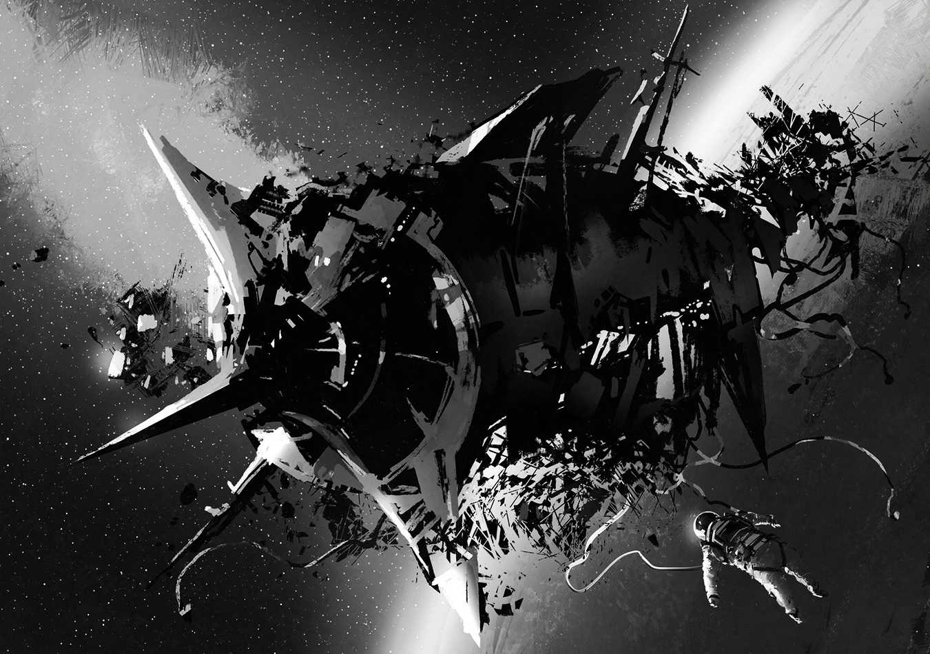 Black and white image of a wrecked spacecraft drifting in space with dead astronauts.