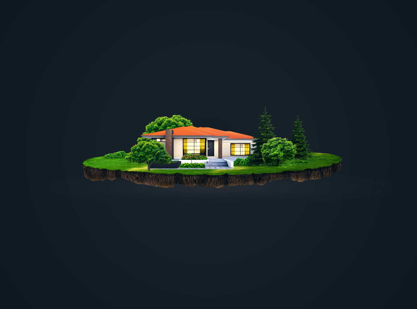 Image of a nice, quiet family house, sitting atop a plot of land, floating in space with nothing around it.