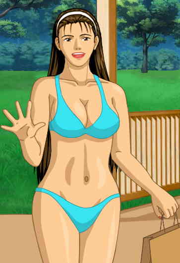 Kat in a light blue bikini, without a collar and with a shopping bag in her left hand